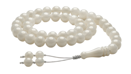 White pearl religious Tasbih prayer beads isolated on clean white background.