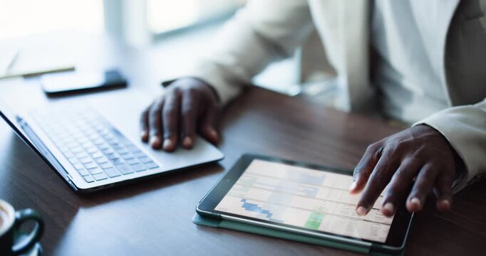 Hands, finance and business person with tablet screen for accounting metrics, investment and laptop. Tech, accountant and man with graphs for budget, audit information or scroll spreadsheet in office