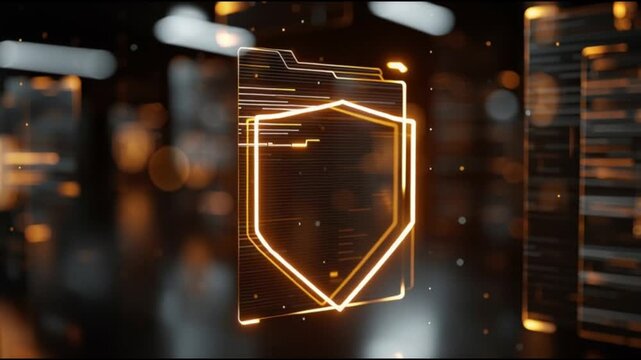 Intellectual property. Copyright. Innovation digital rights. Brand protection law. Digital representation of secure file management with a shield icon.
