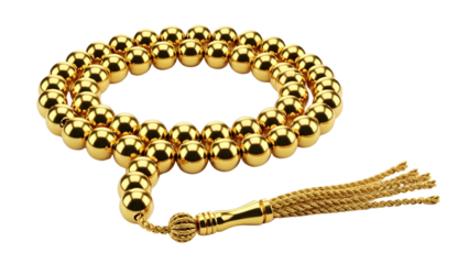 Shiny golden Islamic prayer beads (tasbih) with tassel isolated on white background.