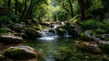 Fototapeta premium Serene small cascading waterfall flows over mossy rocks in a dense green forest, with crystal clear water smoothed by long exposure.