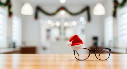 Santa hat on table in modern optical store