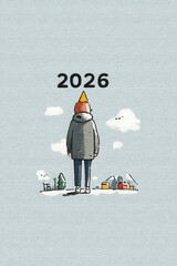 Person in winter coat stands in snow under 2026, overlooking a small village