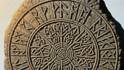 Obraz premium Intricately carved rune stone set against an isolated white background, featuring ancient symbols and circular patterns in earthy tones