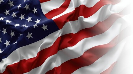 A detailed close-up of the American flag, showcasing its vibrant colors and distinctive stars and stripes in flowing fabric.