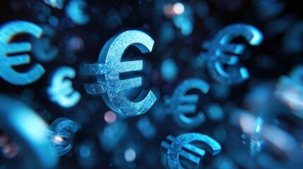 A visually striking abstract representation of floating euro symbols, rendered in a blue tone, suggesting themes of finance and currency.