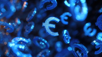 A vibrant, abstract depiction of floating euro symbols in a blue digital environment, representing currency and finance.