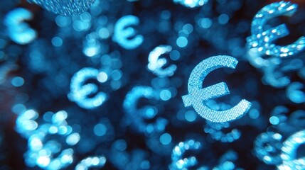 A blurred background featuring shimmering Euro symbols in blue tones, representing finance and digital currency concepts.