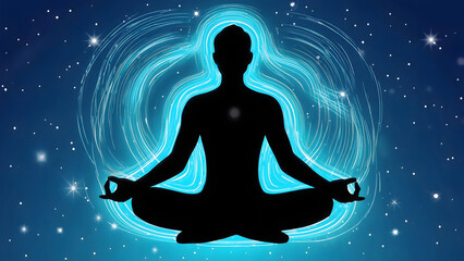 Black silhouette meditating with a glowing turquoise energy field against a starry sky, spiritual concept.