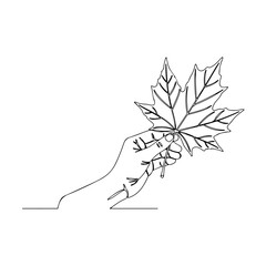 Line art drawing of a hand holding a maple leaf, symbolizing autumn season, nature, and change on a white background. isolated on transparent background