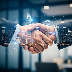 Business handshake with city overlay, symbolizing partnership and urban development.