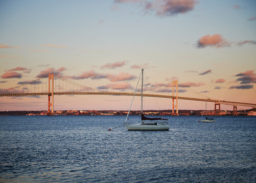 Claiborne Pell Bridge, commonly known as the Newport Bridge, spanning the East Passage of the Narragansett Bay in Rhode Island