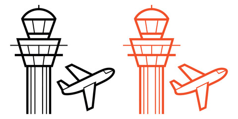 Airport Traffic Control Thin Line Vector. Icon representing Aviation, Air Navigation, and Flight Management with a plane taking off. Ideal for travel apps or airline services.