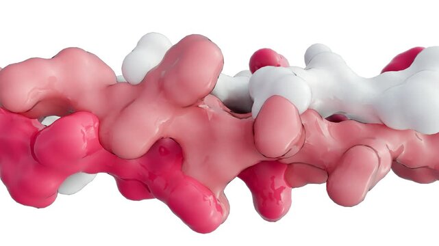 A 3D animation of rotating collagen structure, highlighting its fundamental units: triple-helix subunits that assemble to form strong fibrils and fibers.