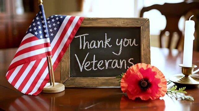 American flag beside chalkboard sign reading thank you veterans with red poppy flower on wooden table gratitude expressed through patriotic symbols and heartfelt message gratitude ideal for memorial