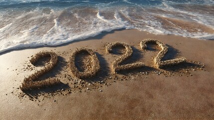 Happy new year 2022 written on beach
