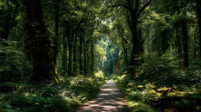 Sunlight filters through a canopy of tall green trees onto a dirt path, casting dappled light and shadows across the lush undergrowth.