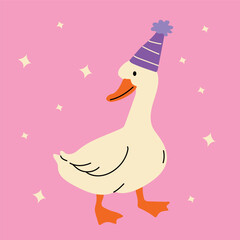 Cute duck with a purple party hat and sparkling stars