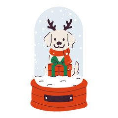 Cute dog in a snow globe with reindeer antlers and a scarf