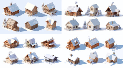 Charming winter cabin illustrations covered in snow with trees, chimneys, and cozy rustic details. Ideal for holiday themes, winter scenes, greeting cards, and seasonal landscape artwork.