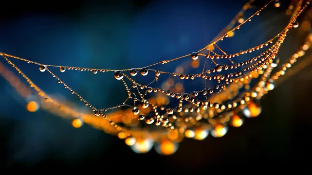 Water Droplet on Spiderweb with Blue and Orange Hues