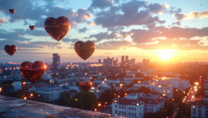 Animated 3D glowing hearts float over a city skyline at sunset, romantic atmosphere, soft lighting, dreamy vibe, perfect for greeting cards, social media intros, or love visuals.