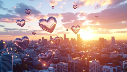 Animated 3D glowing hearts float over a city skyline at sunset, romantic atmosphere, soft lighting, dreamy vibe, perfect for greeting cards, social media intros, or love visuals.