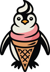 Cute cartoon penguin character eating soft serve ice cream cone dessert summer snack vector graphic design