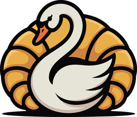 Elegant swan swimming gracefully inside golden baked croissant pastry bakery dessert food vector logo