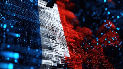 A digital representation of the French flag with blue, white, and red colors, integrated into a high-tech, futuristic background.
