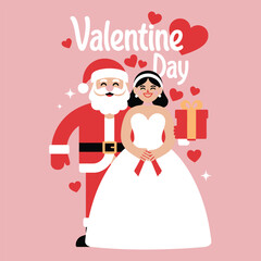 Cartoon vector illustration of a bride and groom couple on a wedding invitation card with flowers and a celebration dress