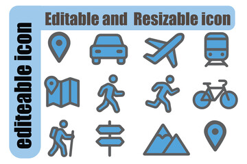 &ldquo;Travel and Navigation Icon Set &ndash; Editable and Resizable Vector Symbols for Transportation, Hiking, Map Location, Directions, Airplane, Train, Car, Cycling, and Outdoor Adventure Design&rdquo;