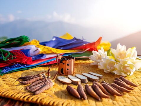Colorful prayer flags and natural offerings in a serene mountain landscape
