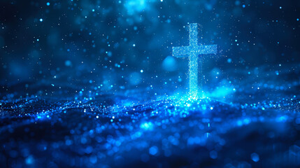 Cross on background of starry sky. Mockup for Christmas greeting card. Close-up. Copy space.