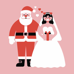 Bride and groom with wedding rings on a white background, happy merry Christmas holiday celebration vector illustration
