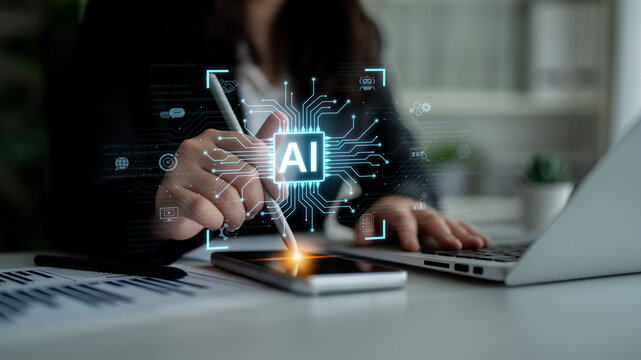 Fototapeta An AI platform for business integration. Central processor powers automated processes like contract management, chatbot services, and partnership solutions, all built on a foundation of code. Fermion