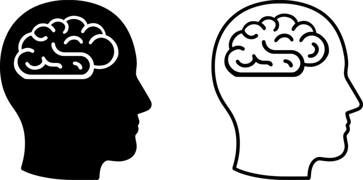 Set of Head with brain symbol icon, outline and silhouette style, Brain or mind side view for medical apps and websites, vector illustration eps file