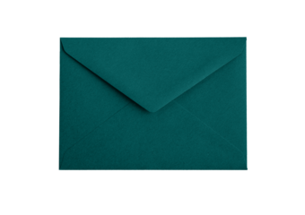 A closed dark turquoise transformative teal envelope with a pointed flap on a plain background..