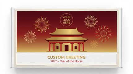 clean gift box top design template for chinese new year 2026 with temple silhouette and fireworks space for logo and custom greeting isolated on white background