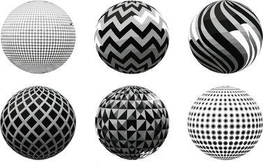 Abstract Geometric Sphere Set: Black and White 3D Globe Shapes Vector Collection