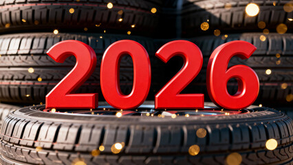 Red 2026 numbers on stacked black tires with sparkling background. Repair, workshop, auto mechanic. New Year's in transportation sector