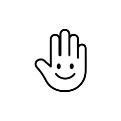 Fototapeta premium Hand gesture with a smiley face icon. black outline illustration of a friendly palm for greeting, stop, or welcome concepts. isolated on transparent background
