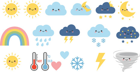 Cute Weather Elements Collection: Kawaii Sun, Clouds, Rainbow, and Storm Icons Set