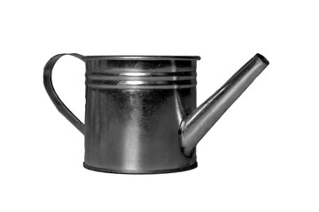 A metal watering can with a cylindrical body, side handle, and long spout is isolated on a white