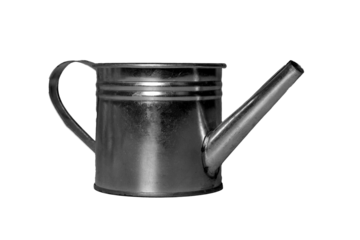 A metal watering can with a cylindrical body, side handle, and long spout is isolated on a white