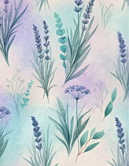 Watercolor Botanical Wallpaper Pattern with Eucalyptus Leaves and Wildflowers 