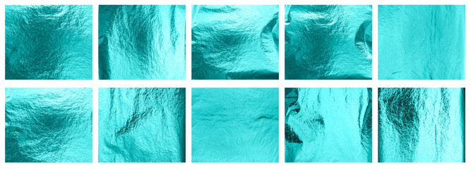 A set of transformative teal foil textures shows glossy, reflective, gradient surfaces. The material