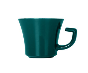 A turquoise ceramic cup with a wide top and angular handle is isolated on a white background. The