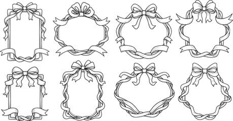 Vintage Ribbon Bow Frame Set: Hand Drawn Engraving Style Borders and Banners