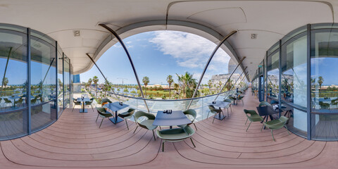 Outdoor Cafe Terrace 360 Panorama on Sunny Sherif Khimshiashvili Street, Batumi. Modern restaurant...